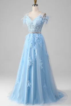 Azul claro A-Line Rhinestones Accents Corset Prom Dress Com Apliques