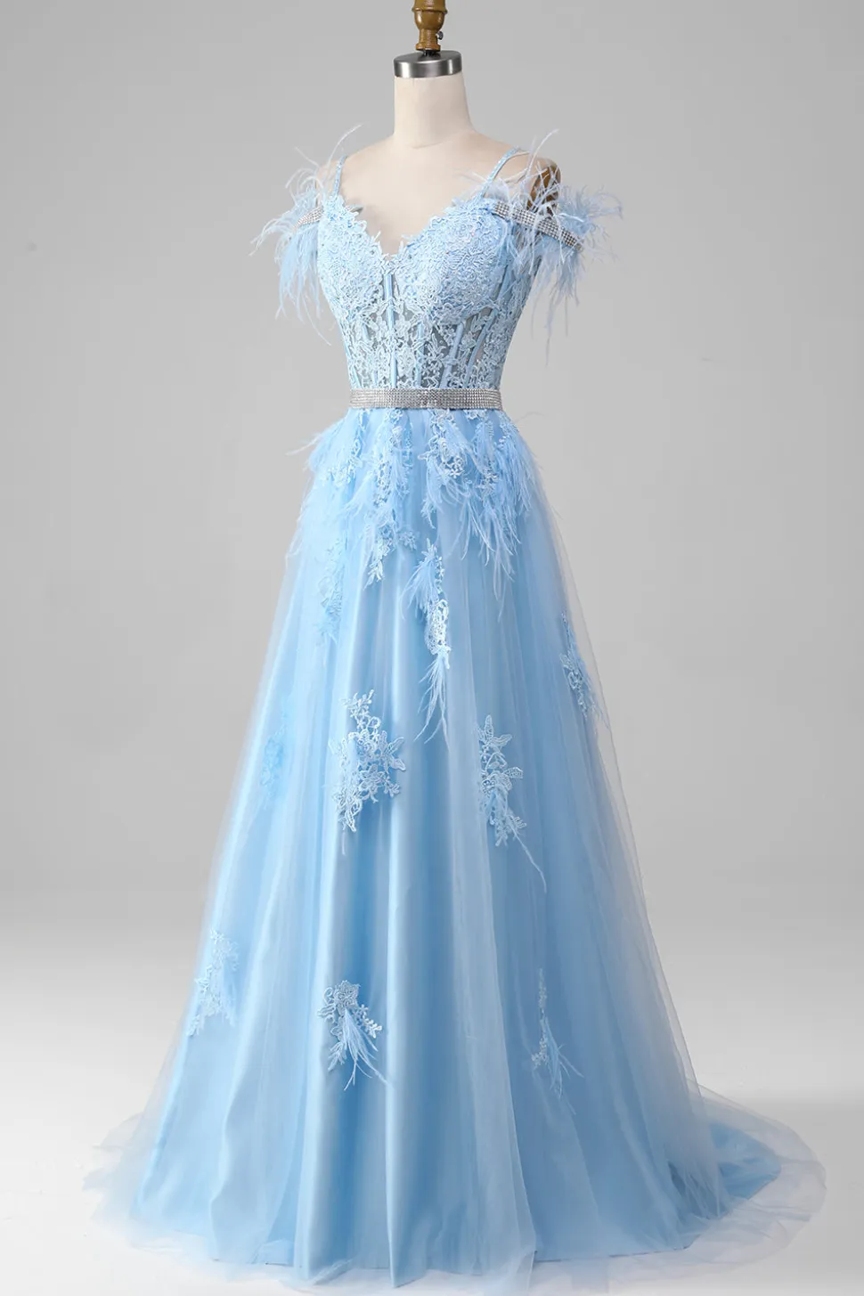 Azul claro A-Line Rhinestones Accents Corset Prom Dress Com Apliques