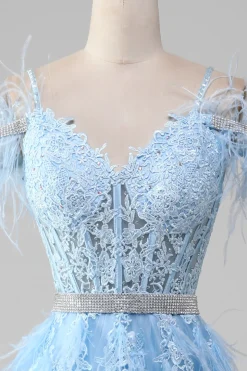 Azul claro A-Line Rhinestones Accents Corset Prom Dress Com Apliques