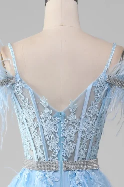 Azul claro A-Line Rhinestones Accents Corset Prom Dress Com Apliques