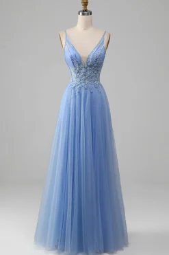 Azul claro A-Line V Neck Tulle Prom Dress Com Apliques
