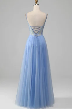 Azul claro A-Line V Neck Tulle Prom Dress Com Apliques