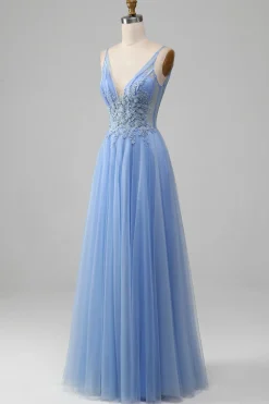 Azul claro A-Line V Neck Tulle Prom Dress Com Apliques