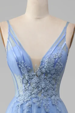 Azul claro A-Line V Neck Tulle Prom Dress Com Apliques