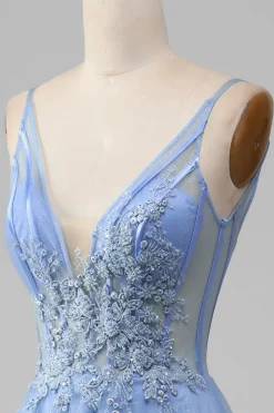 Azul claro A-Line V Neck Tulle Prom Dress Com Apliques