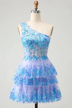 Azul Claro Brilhante A-Line Um Ombro Tiered Sequined Homecoming Dress