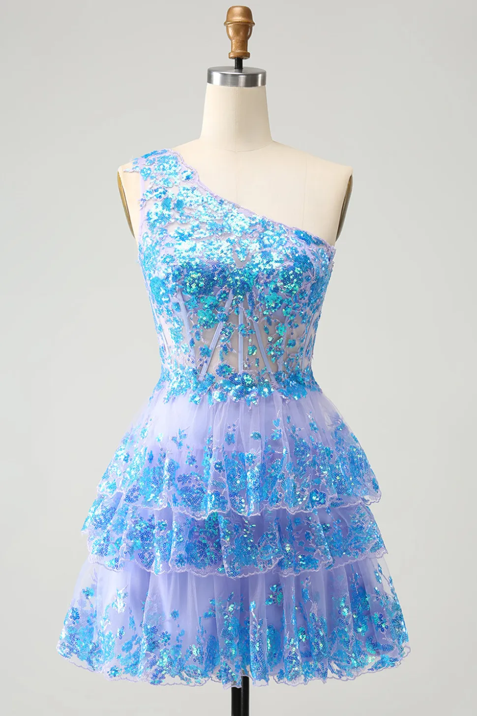 Azul Claro Brilhante A-Line Um Ombro Tiered Sequined Homecoming Dress