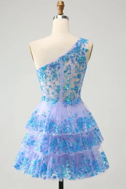 Azul Claro Brilhante A-Line Um Ombro Tiered Sequined Homecoming Dress