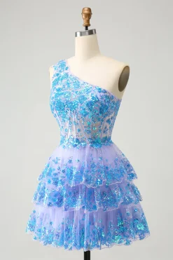 Azul Claro Brilhante A-Line Um Ombro Tiered Sequined Homecoming Dress