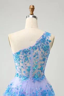 Azul Claro Brilhante A-Line Um Ombro Tiered Sequined Homecoming Dress