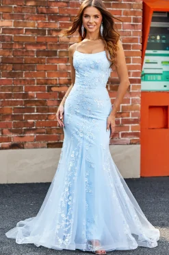 Azul claro brilhante frisado sereia longo vestido de baile