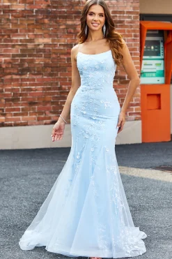 Azul claro brilhante frisado sereia longo vestido de baile