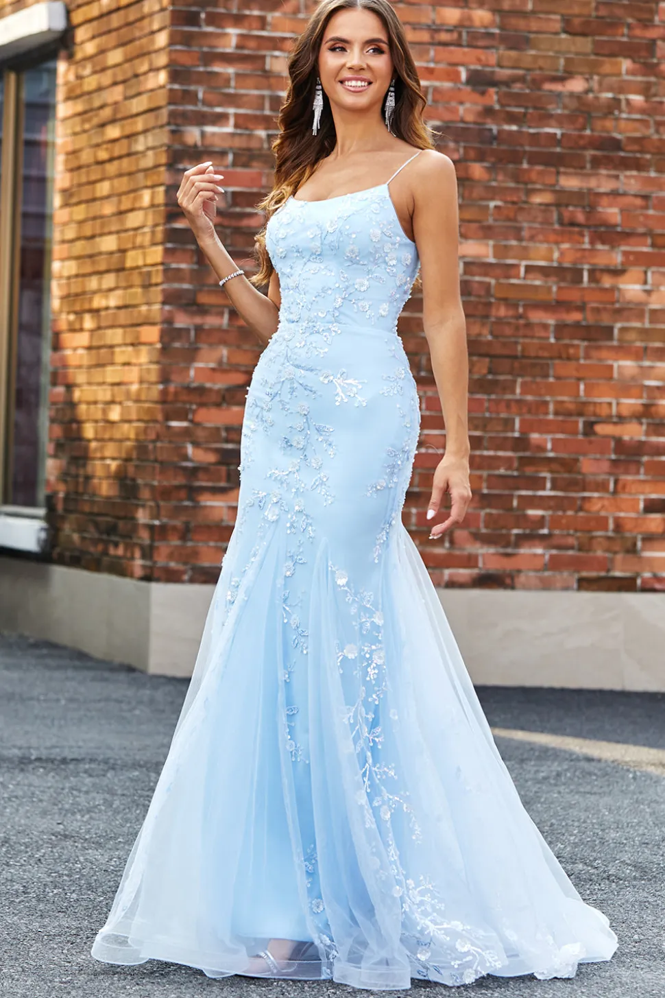 Azul claro brilhante frisado sereia longo vestido de baile