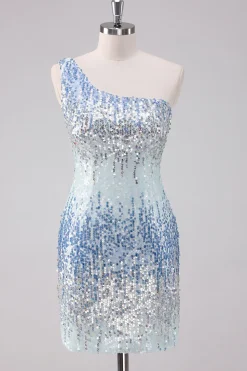 Azul Claro Brilhante Um Ombro Sequins Bodycon Vestido Curto Homecoming