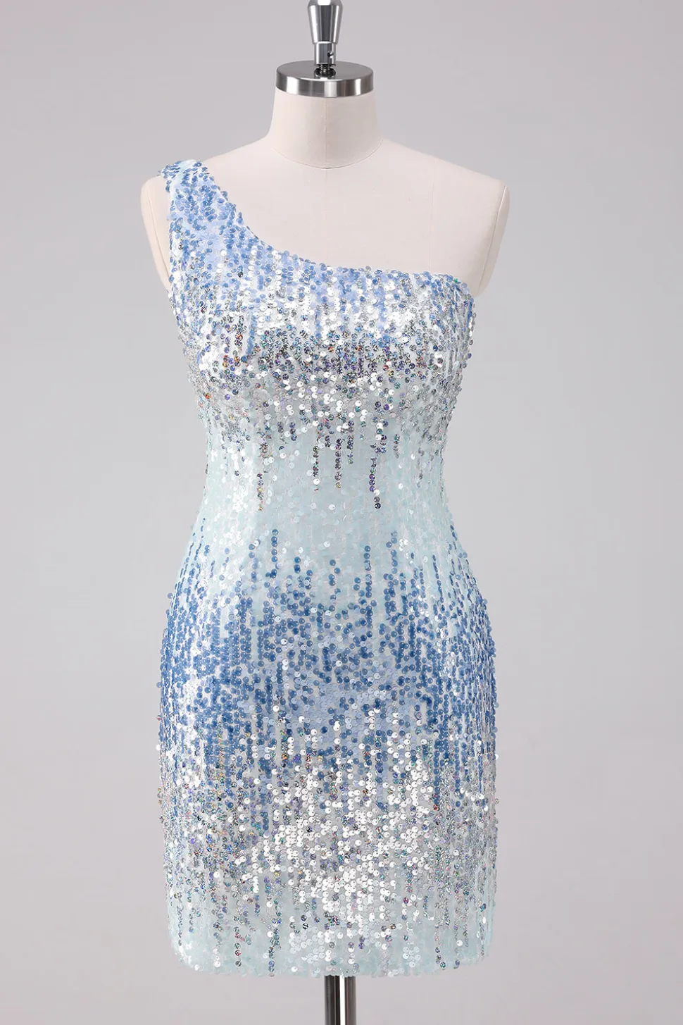Azul Claro Brilhante Um Ombro Sequins Bodycon Vestido Curto Homecoming
