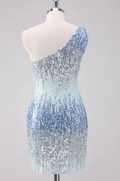 Azul Claro Brilhante Um Ombro Sequins Bodycon Vestido Curto Homecoming