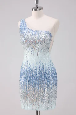 Azul Claro Brilhante Um Ombro Sequins Bodycon Vestido Curto Homecoming