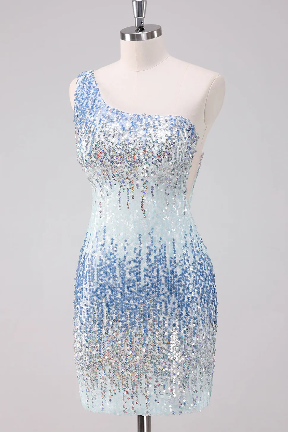 Azul Claro Brilhante Um Ombro Sequins Bodycon Vestido Curto Homecoming