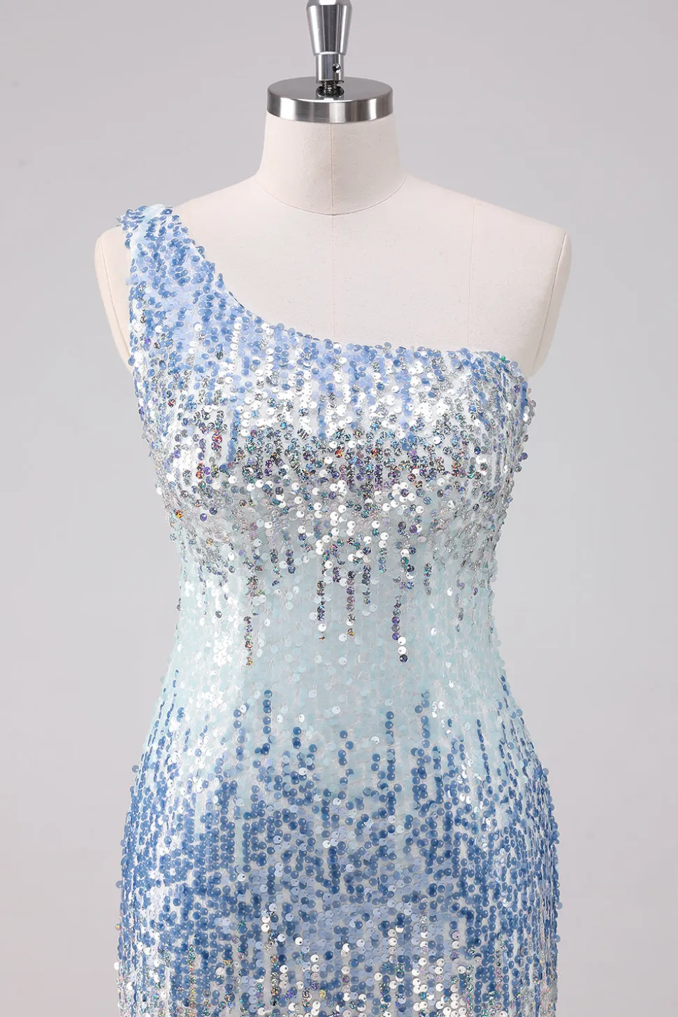 Azul Claro Brilhante Um Ombro Sequins Bodycon Vestido Curto Homecoming