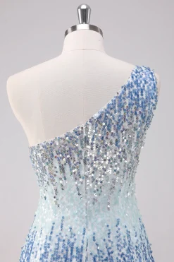 Azul Claro Brilhante Um Ombro Sequins Bodycon Vestido Curto Homecoming