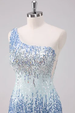 Azul Claro Brilhante Um Ombro Sequins Bodycon Vestido Curto Homecoming