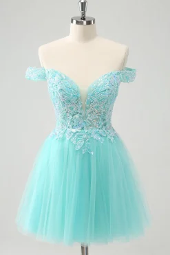 Azul Claro Brilhante Uma Linha Fora do Ombro Vestido Curto Homecoming