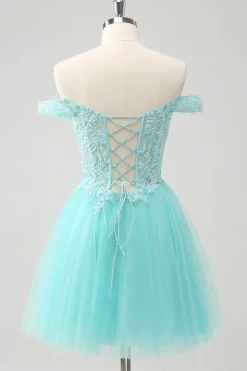 Azul Claro Brilhante Uma Linha Fora do Ombro Vestido Curto Homecoming