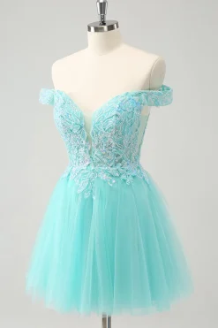 Azul Claro Brilhante Uma Linha Fora do Ombro Vestido Curto Homecoming