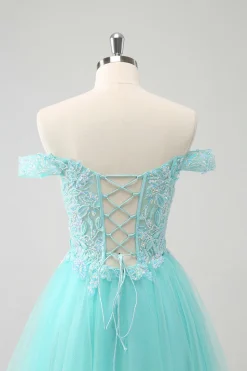 Azul Claro Brilhante Uma Linha Fora do Ombro Vestido Curto Homecoming