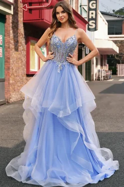 Azul Claro Brilhante Uma Linha Esparguete Alças Espiral Folhos Longo Vestido de Baile com Lantejoulas