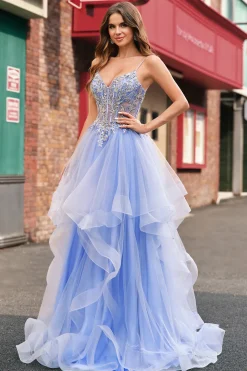 Azul Claro Brilhante Uma Linha Esparguete Alças Espiral Folhos Longo Vestido de Baile com Lantejoulas