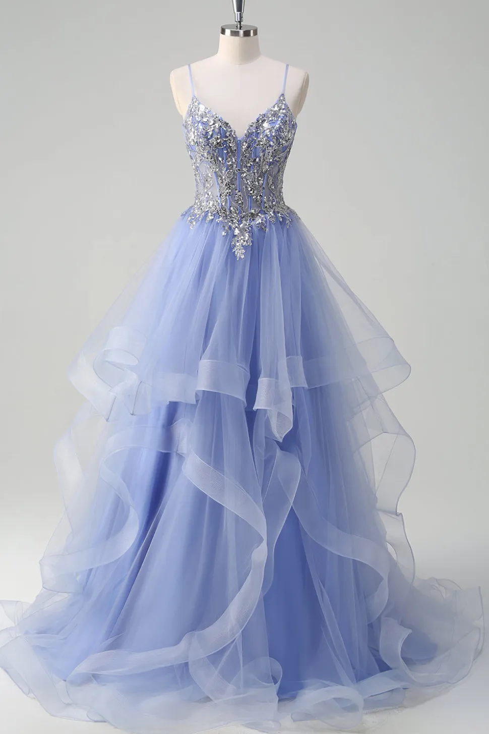 Azul Claro Brilhante Uma Linha Esparguete Alças Espiral Folhos Longo Vestido de Baile com Lantejoulas