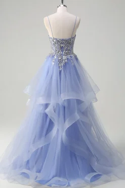 Azul Claro Brilhante Uma Linha Esparguete Alças Espiral Folhos Longo Vestido de Baile com Lantejoulas