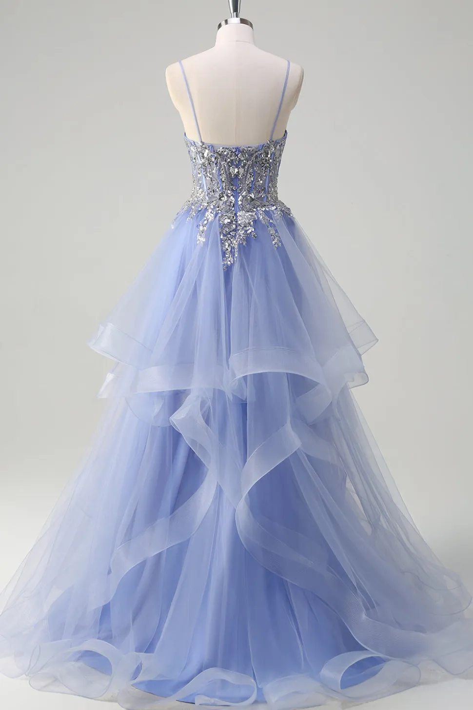 Azul Claro Brilhante Uma Linha Esparguete Alças Espiral Folhos Longo Vestido de Baile com Lantejoulas