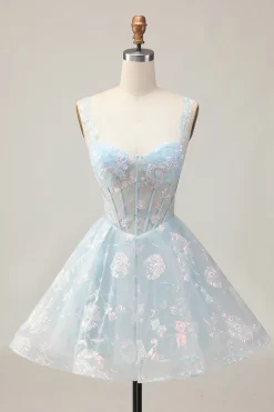 Azul Claro Brilhante Uma Linha Esparguete Correias Espartilho Longo Vestido Homecoming