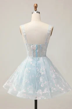 Azul Claro Brilhante Uma Linha Esparguete Correias Espartilho Longo Vestido Homecoming