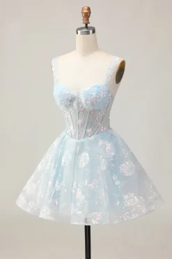 Azul Claro Brilhante Uma Linha Esparguete Correias Espartilho Longo Vestido Homecoming