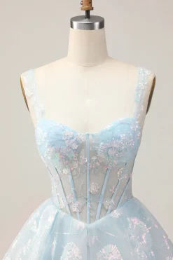 Azul Claro Brilhante Uma Linha Esparguete Correias Espartilho Longo Vestido Homecoming