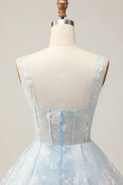 Azul Claro Brilhante Uma Linha Esparguete Correias Espartilho Longo Vestido Homecoming