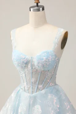 Azul Claro Brilhante Uma Linha Esparguete Correias Espartilho Longo Vestido Homecoming