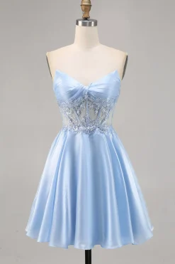 Azul Claro Decote Em Coração Linha-A Mini Vestido Cocktail