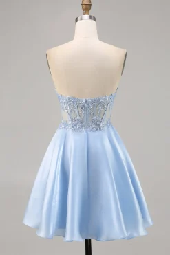 Azul Claro Decote Em Coração Linha-A Mini Vestido Cocktail