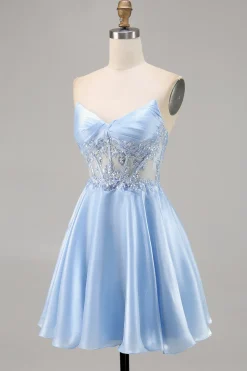 Azul Claro Decote Em Coração Linha-A Mini Vestido Cocktail