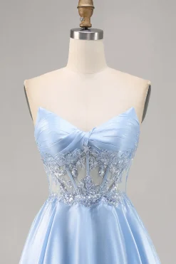 Azul Claro Decote Em Coração Linha-A Mini Vestido Cocktail