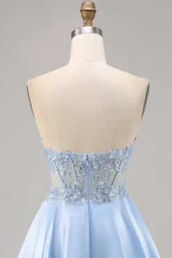 Azul Claro Decote Em Coração Linha-A Mini Vestido Cocktail