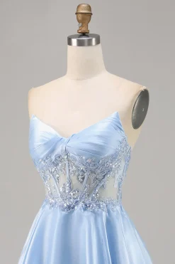 Azul Claro Decote Em Coração Linha-A Mini Vestido Cocktail