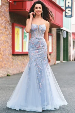Azul claro floral frisado sereia espaguete alças tule vestido de baile