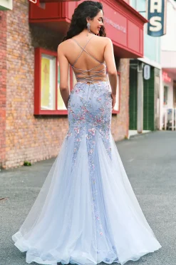 Azul claro floral frisado sereia espaguete alças tule vestido de baile