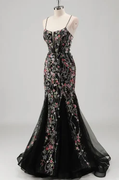 Azul claro floral frisado sereia espaguete alças tule vestido de baile