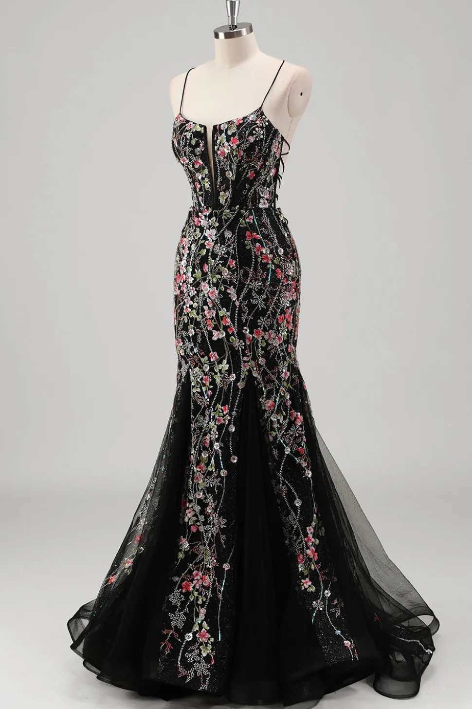 Azul claro floral frisado sereia espaguete alças tule vestido de baile